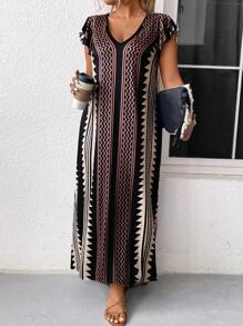 Linhara 大码女式几何图案荷叶边袖西式连衣裙（夏季）