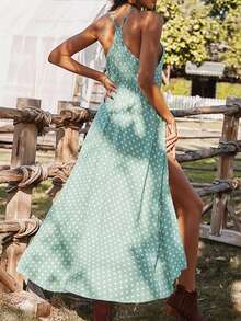 Chấm bi In Ruffled Halter Neck Váy quấn Cho mùa hè Kỳ nghỉ - màu xanh lá - Xem 2