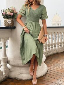 Breezaya Vestido corto de manga abullonada favorecedora para mujer con dobladillo con volantes - Verde - Ver 6