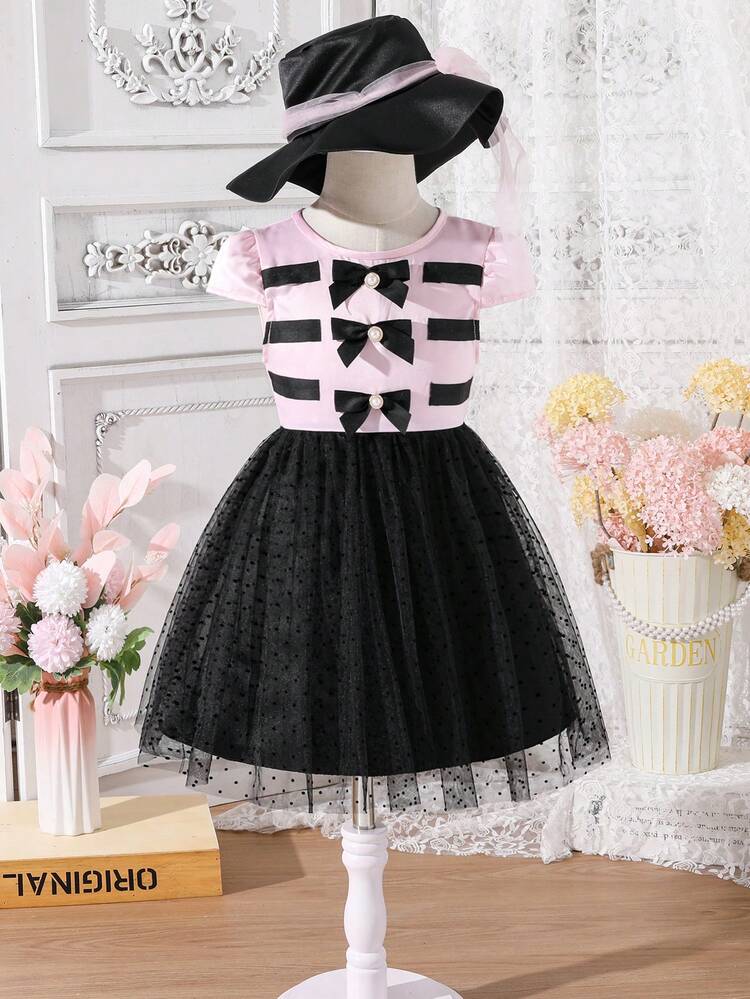 Young Girl Cute Bowknot & Mesh Casual Holiday Comfortable Dress
