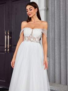 Strapless Embroidered Lace Sheer Inset Tulle Patchwork Wedding Dress With Flared Maxi Skirt - White - View 5