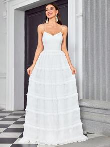 多层褶皱珍珠装饰长款婚纱，新娘送礼会礼服 - 白色 - 查看 3