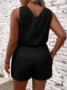 EMERY ROSE Plus Size Women's Sleeveless Button Down Front Romper For Summer - Black - View 2