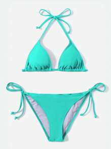 Swim Basics Summer Beach Solid Triangle Tie Side Bikini Set