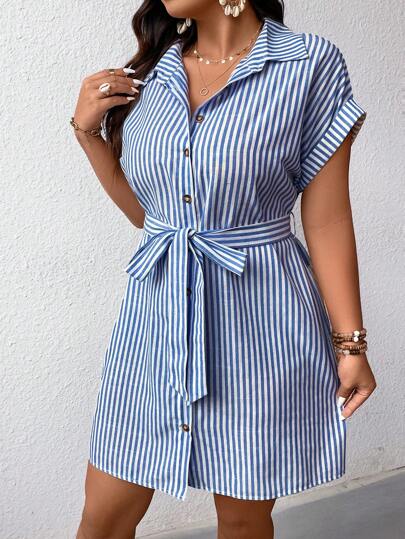 Elenzga 夏季大码条纹短袖连衣裙，配缎带细节