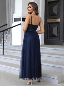 Joyfunear 1pc Women Solid Color High Slit Sleeveless Spaghetti Strap Dress - Navy Blue - View 2