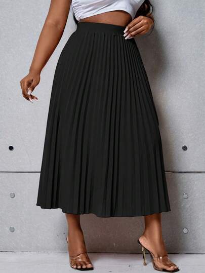 SHEIN Clasi Plus Size Basic Solid Color Pleated Skirt, Suitable For Spring And Summer