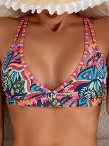 SHEIN Swim Women's Summer Beach V Neck Bikini Top, Random Printed - Multicolor - View 3