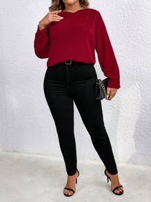 SHEIN Clasi 大碼不對稱領口純色上衣 - 酒紅色 - 查看 1