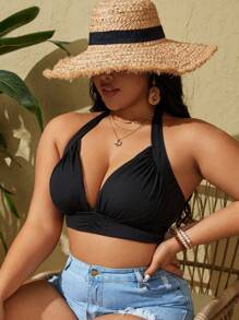 Swim Lushoire Summer Beach Plus Size V-Neck Halter Bikini Top - Black - View 4