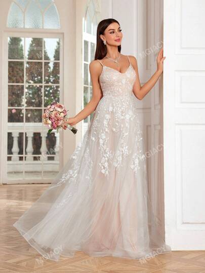 Mgiacy Romantic Embroidery Lace Splicing Mesh Contrast Color Swing Dress With Spaghetti Straps White Elegant Wedding Bridal Dress,Bride