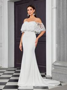 Embroidered Lace Mermaid Wedding Dress With Spaghetti Straps And Ruffled Trim,Bride - White - View 1