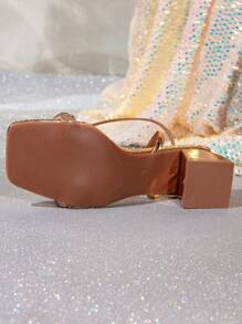 Champagne Colored High Heels For Women, Fashionable & Comfortable Thick Heel Sandals With Shiny Rhinestone Embellishment For Dress, Strappy Design With Buckle Closure, Suitable For Various Occasions, Plus Size - Champagne - View 3