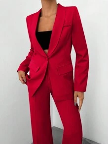 EURMUSE 女式純色披肩領夾克＆直筒褲套裝