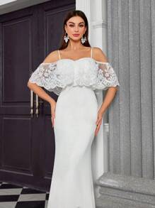 Embroidered Lace Mermaid Wedding Dress With Spaghetti Straps And Ruffled Trim,Bride - White - View 6