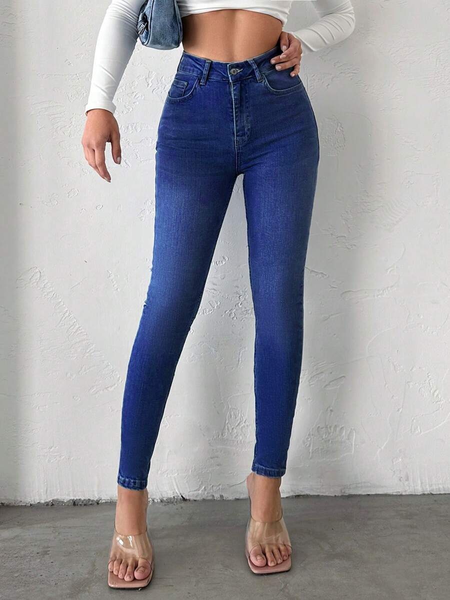 SHEIN Cottnline بنطلون جينز ضيق مغسول بجيوب مائلة - أزرق داكن - مشاهدة 1