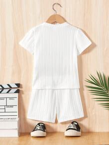 SHEIN Young Boy Ribbed Letter Patched T-Shirt And Shorts Set - White - View 2