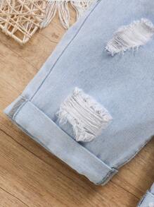 少女日常輕鬆洗水磨破牛仔短褲 - 淺色水洗藍 - 查看 4