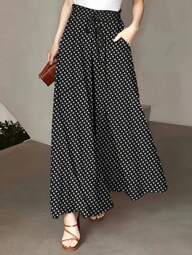 Women's Polka Dot Print Pocket Wide Leg Pants