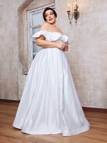 Off-Shoulder Satin Ruffle Hem Ball Gown Wedding Dress - White - View 1