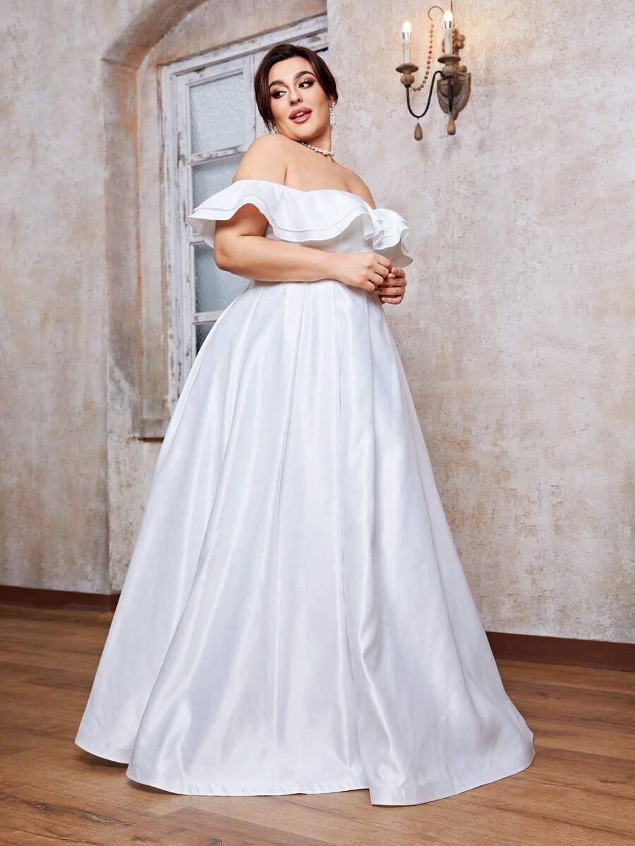 Off-Shoulder Satin Ruffle Hem Ball Gown Wedding Dress - White - View 1