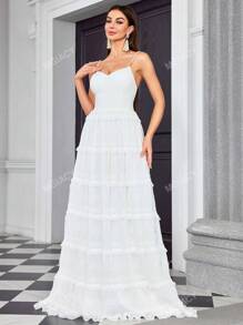 Layered Pleated Pearl Decor Long Wedding Dress, Bridal Shower Dress