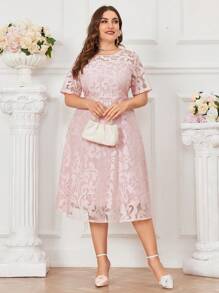 SHEIN Clasi Vestido de encaje con flores en relieve de color rosa talla grande para invitadas de boda - Rosa - Ver 6
