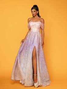 Women's Off-Shoulder Split Hem Long Formal Gown, Luxury Evening Dress - Baby Pink - View 7