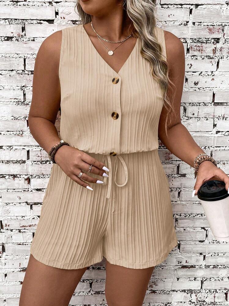 EMERY ROSE Monos Sin Mangas De Talla Grande Con Cuello En V, Decoración De Botones - Albaricoque - Añade 3