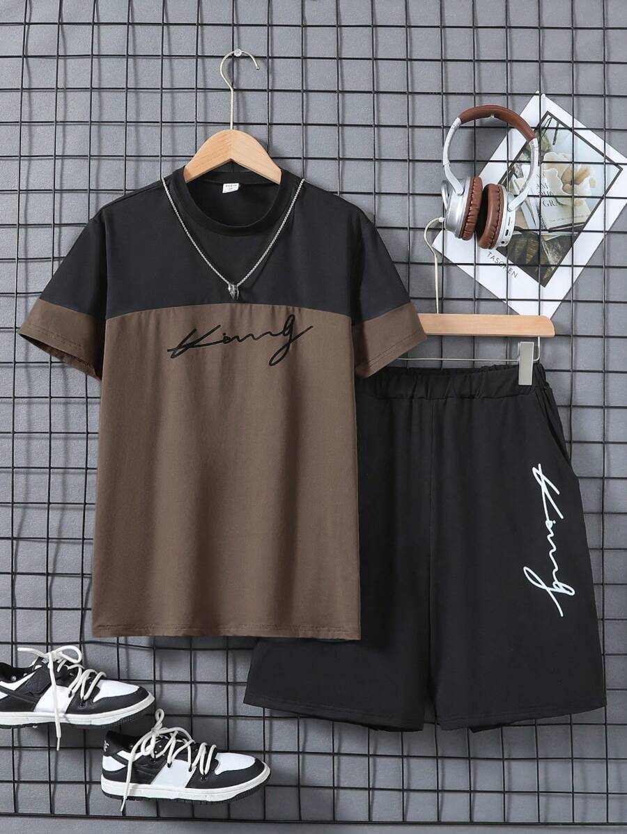 少年男孩對比色字母印花T恤和短褲套裝