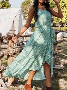 Chấm bi In Ruffled Halter Neck Váy quấn Cho mùa hè Kỳ nghỉ - màu xanh lá - Xem 3