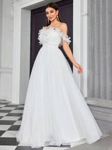 Mgiacy Off Shoulder Mesh Floral Applique Waist Bridal Shower Dress Wedding Dress,Bride - White - View 1