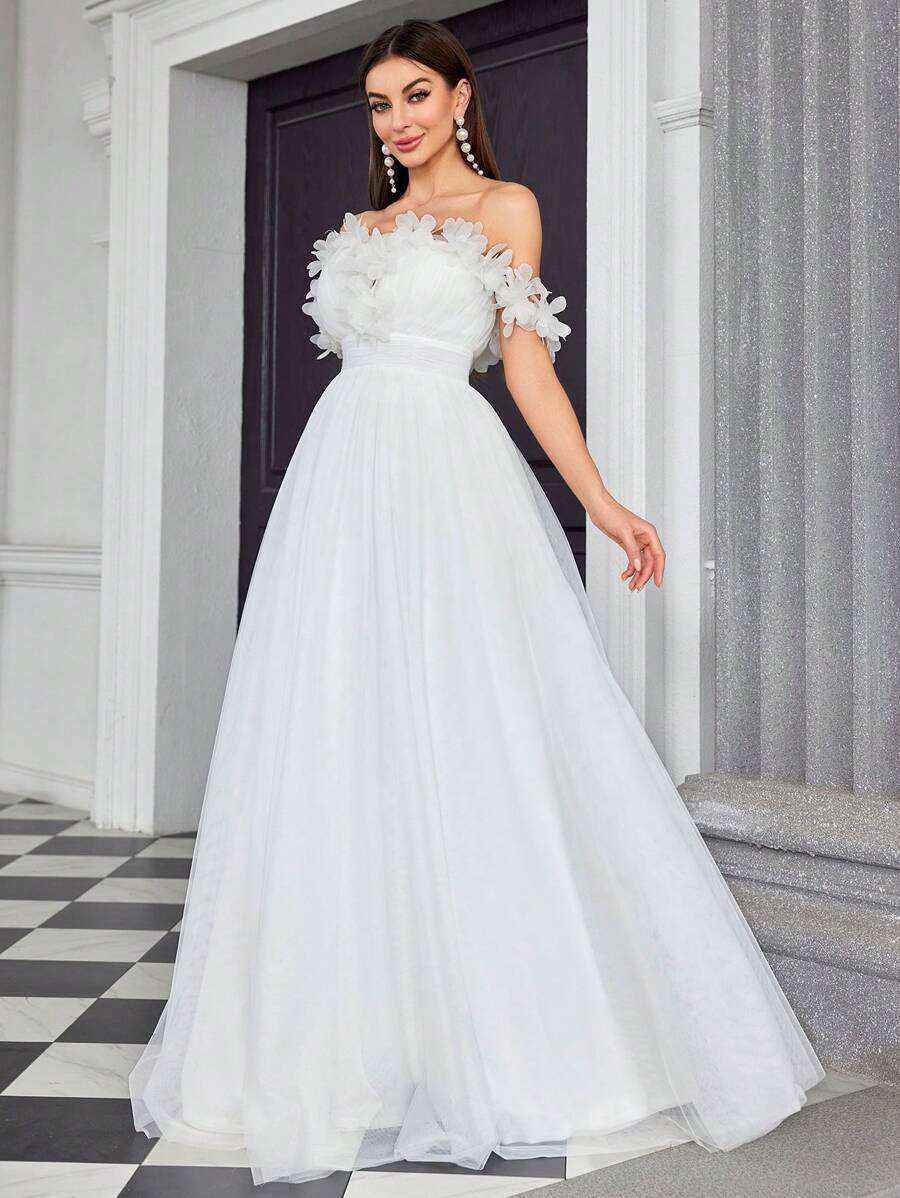 Mgiacy Off Shoulder Mesh Floral Applique Waist Bridal Shower Dress Wedding Dress,Bride - White - View 1