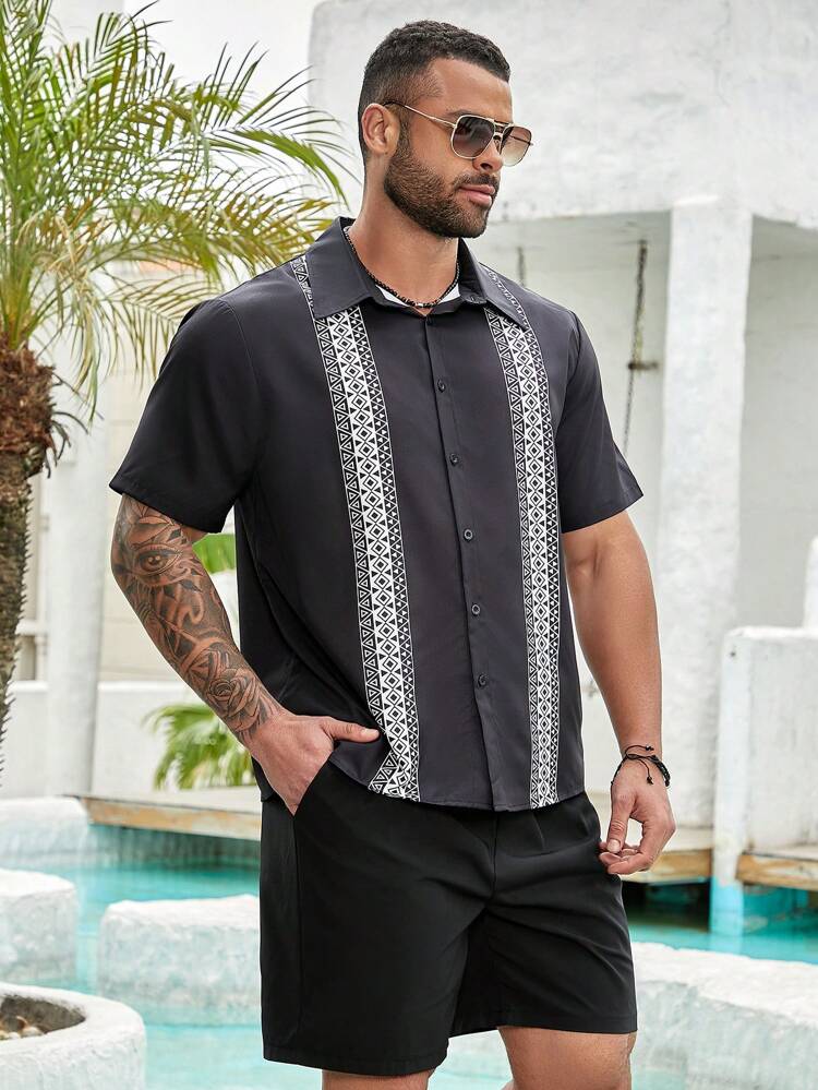 Men's Plus Size Geometric Pattern Short Sleeve Shirt And Shorts Set For Summer