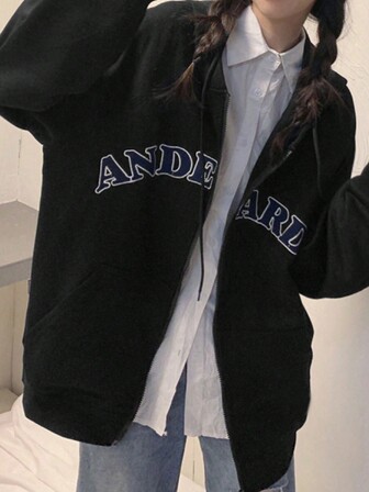 字母刺绣图案落肩拉链连帽衫，配有拉绳