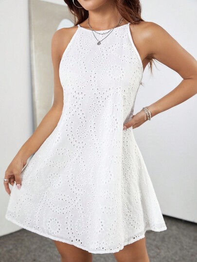 Flirla 1 pieza Vestido blanco de mujer sin mangas con cuello redondo, cintura ajustada y borde tipo paraguas con bordado de ojales