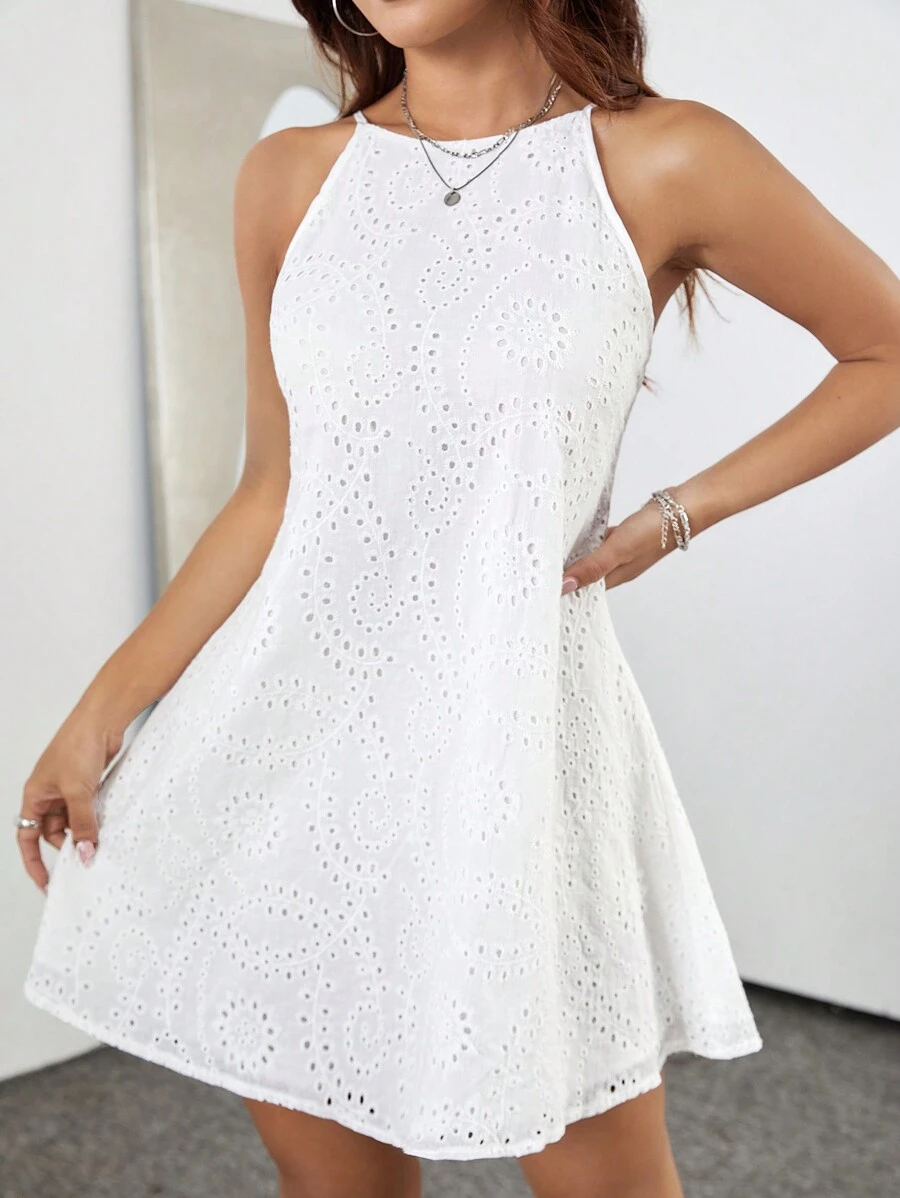 SHEIN Unity 1 件女式白色无袖圆领收腰伞形下摆孔眼刺绣连衣裙 - 白色 - 查看 1
