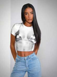 SHEIN BAE Body And Bikini Printed Fun Slim Short Sleeve Women T-Shirt - White - View 5