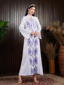 Al Najma 女性花卉印花中式領埃博拉長袍洋薯片圖案連衣裙 - 紫色 - 查看 4