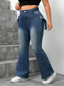SHEIN ICON Plus Size Cross Belt Flared Jeans, Fashionable And Versatile - Blue - View 3