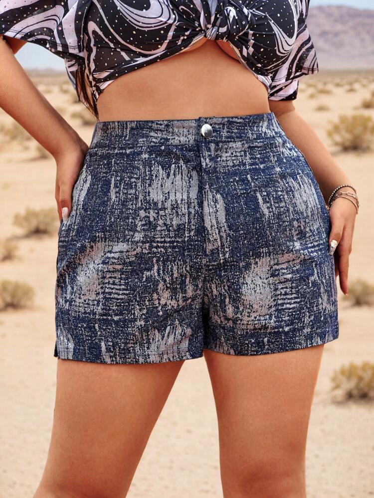 Plus Size Metal Coated Silver Elastic Washed Concert Music Festival Spring/Summer Vacation Shorts With Side Slits And Elastic Waistband, Suitable For Summer, Date Night, Birthday, Bachelorette Party, Casual, Shopping, Streetwear, Going Out, Vacation, Beach, Easy To Match&Looks Slim, Flatter The Figure