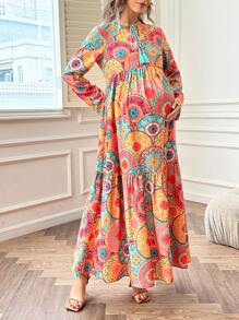 SHEIN Maternity Allover Print Long Sleeve Fringed Dress, Suitable For Spring And Summer - Multicolor - View 3