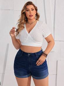 EMERY ROSE Plus Size Rolled Hem Washed Denim Shorts - Dark Wash - View 3