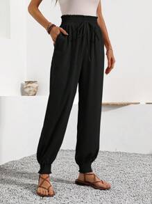 SHEIN LUNE 女款夏季彈性腰帶褲,配有蝴蝶結腰帶,束口帶,雙口袋,採用竹子面料製成,非常適合休閒,度假 - 黑色 - 查看 5