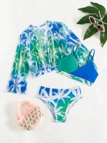Tween-Mädchen Farbblock Bikini Set mit BadeCover-Up für den Sommerstrand - Graublau - Übersicht 1
