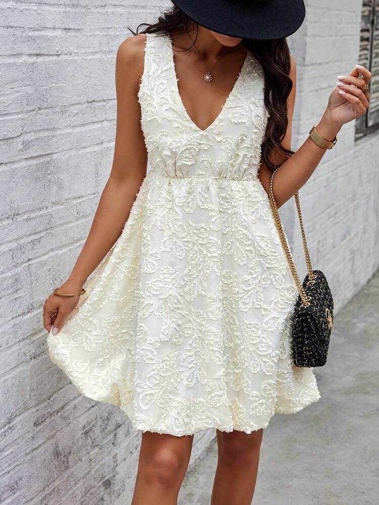 Floral Printed V-Neck Sleeveless Waist Gathered Dress