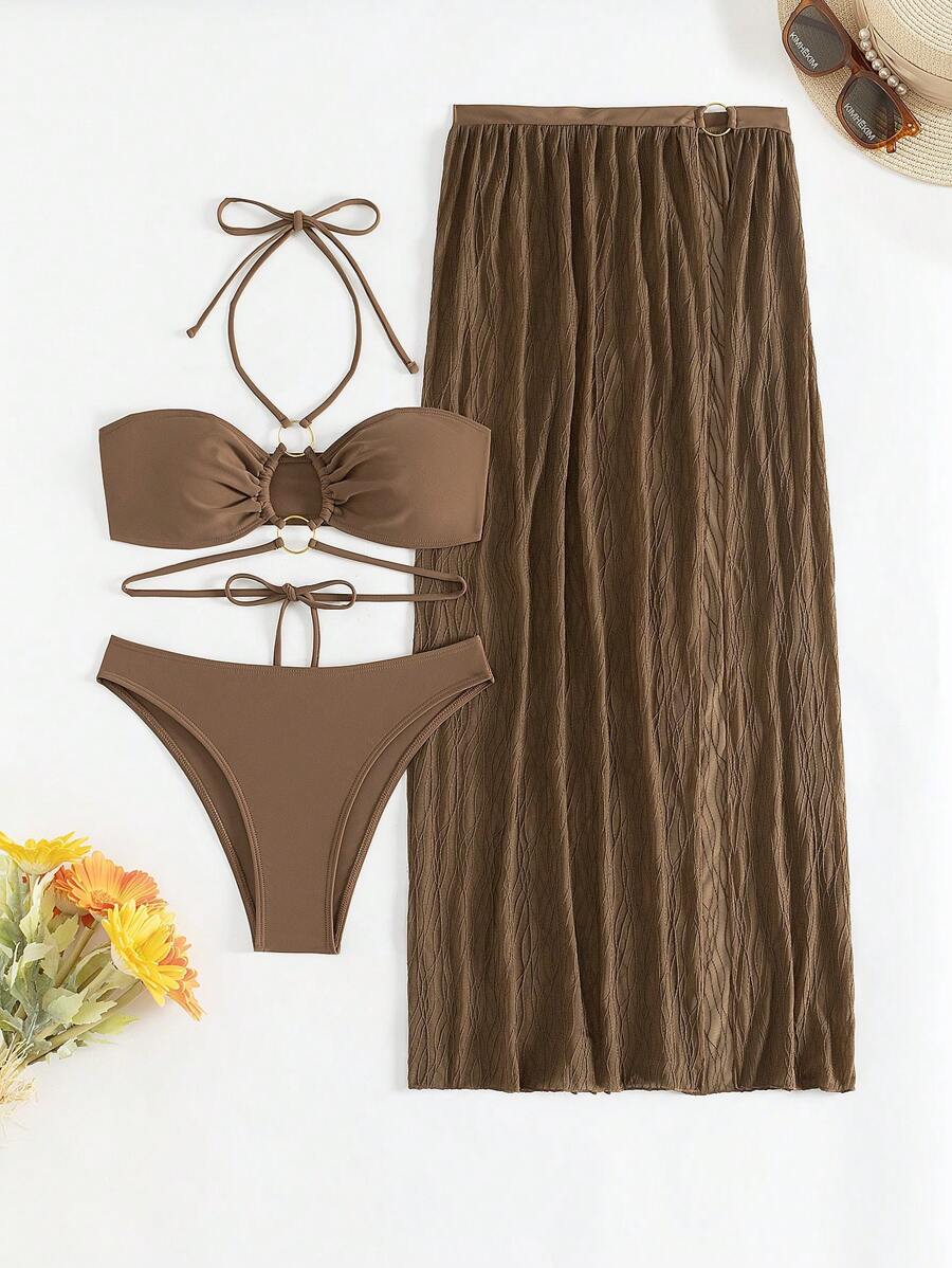 SHEIN Swim Women's Fashionable Cut Out Design Bikini Set, 3 Pieces Bathing Suit For Summer Beach - Coffee Brown - View 1