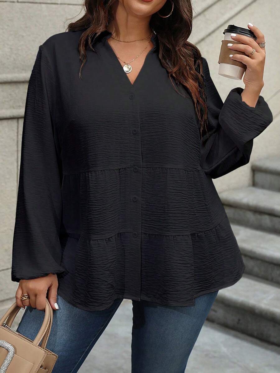 Flirla Kích thước lớn Màu thuần Textured Tay áo lồng đèn Giải trí Áo sơ mi - màu đen - Xem 1