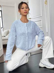 SHEIN Unity 女士純色時尚寬鬆針織開襟衫,釦子裝飾,適用於春秋季節 - 藍色 - 查看 7
