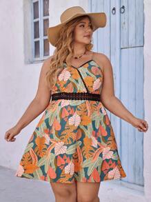 SHEIN VCAY Vestido de tirantes estilo espagueti con diseños vintage impresos de talla grande y con estilo de vacaciones - Multicolor - Ver 5